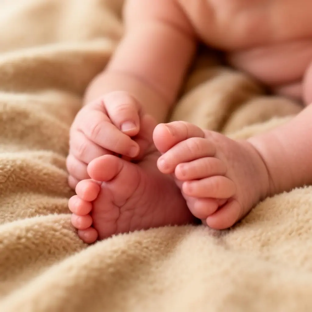 Tiny newborn baby hands and feet on a warm blanket