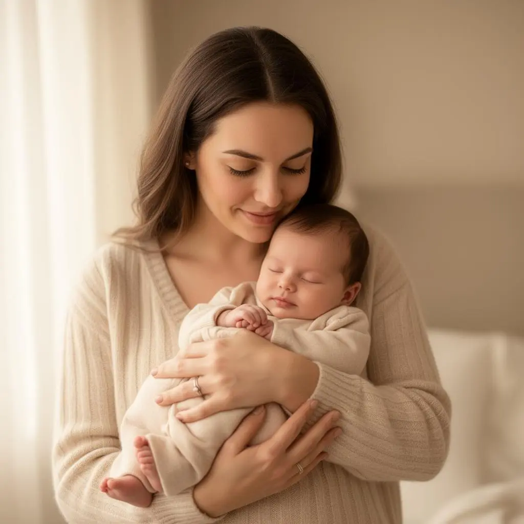 Mother tenderly holding her newborn baby